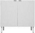 Sango Merk 2-Door Cabinet, Modern White Storage Cabinet with Vertical Groove Doors, Adjustable Shelf, Cylindrical Wood Legs, Discreet Metal Finger Pulls, Stylish Furniture for Living or Dining Room