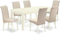 East West Furniture LGBA7-LWH-01 7 Piece Dining Table Set Consist of a Rectangle Dining Room Table with Butterfly Leaf and 6 Cream Linen Fabric Upholstered Chairs, 42x84 Inch, Linen White