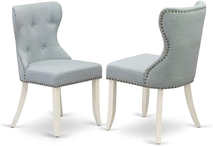 East West Furniture SHSI3-WHI-15 3 Piece Dining Room Table Set Contains a Round Wooden Table with Pedestal and 2 Baby Blue Linen Fabric Upholstered Chairs, 42x42 Inch, Linen White