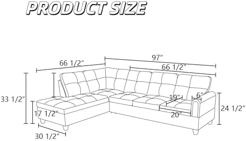 L Shaped Couch Sectional Couches with Chaise, Fluffy Fabric 3 Pieces Modular Convertible Sofa for Living Room Furniture Sets and Small Apartment, Light Grey