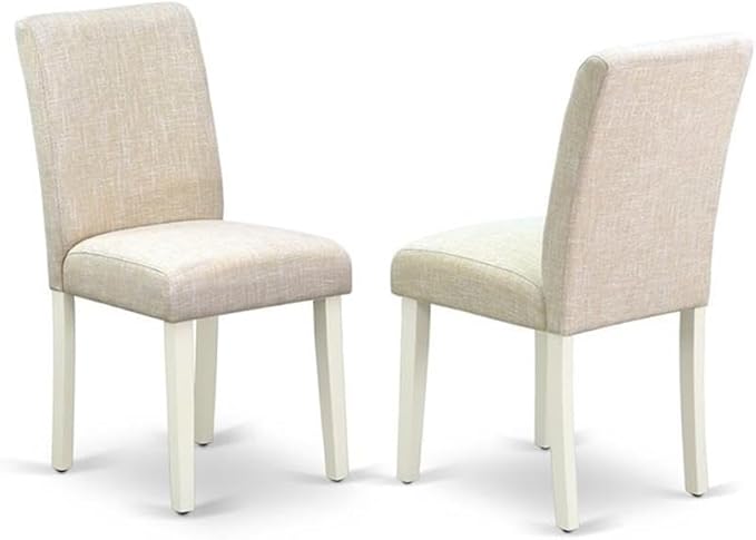 East West Furniture DMAB5-LWH-02 5 Piece Dining Table Set for 4 Includes a Round Kitchen Table with Dropleaf and 4 Light Beige Linen Fabric Parson Dining Chairs, 42x42 Inch, Linen White