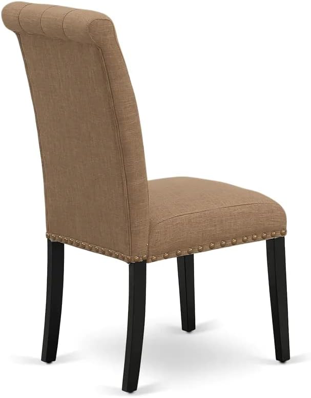 East West Furniture AMBR3-BCH-17 3 Piece Dining Table Set Contains a Round Kitchen Table with Pedestal and 2 Light Sable Linen Fabric Upholstered Kitchen Chairs, 36x36 Inch, Black & Cherry