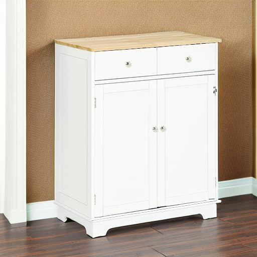 HOMCOM Sideboard with Solid Wood Countertop, Modern Kitchen Storage Cabinet, Coffee Bar Cabinet with 2 Drawers, Doors and Adjustable Shelf, White