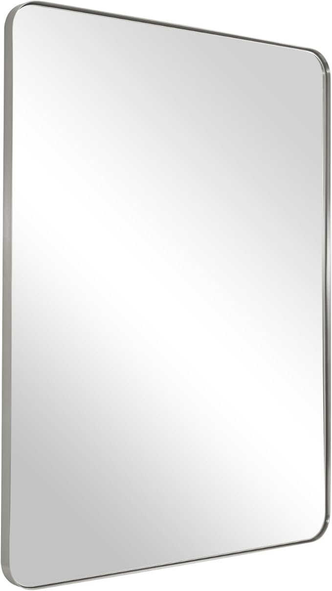 ANDY STAR Brushed Nickel Mirror for Wall, 20”x28” Silver Rectangle Bathroom Mirror, Modern Metal Mirror in Rounded Corner Stainless Steel Frame, 1’’ Deep Set Design Hangs Horizontal Or Vertical