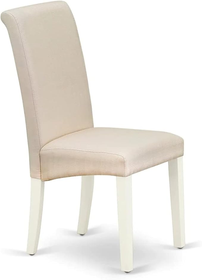 East West Furniture DLBA3-WHI-01 3 Piece Modern Dining Table Set Contains a Round Wooden Table with Dropleaf and 2 Cream Linen Fabric Upholstered Parson Chairs, 42x42 Inch, Linen White