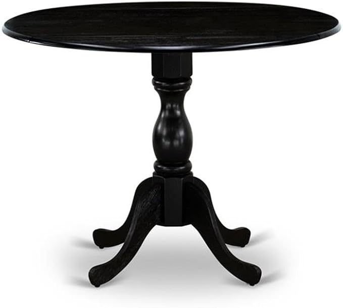 East West Furniture DLMZ3-AB6-50 3 Piece Dining Table Set Contains a Round Dining Room Table with Dropleaf and 2 Dark Gotham Grey Linen Fabric Upholstered Chairs, 42x42 Inch, Wirebrushed Black
