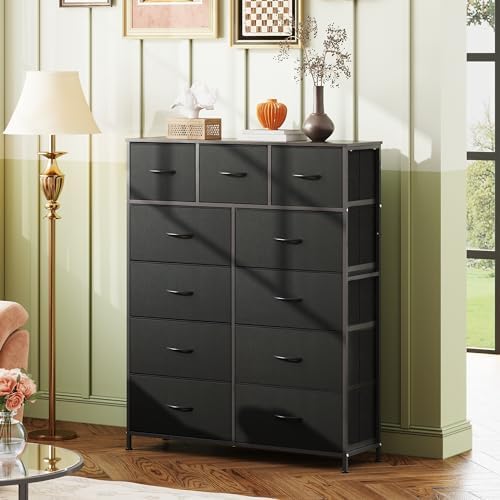 WLIVE Storage Organizer Unit with 11 Fabric Bins, Storage Drawers Organizer with Steel Frame, Tall Storage Tower Organizaton for Living Room, Hallway, Office, Charcoal Black
