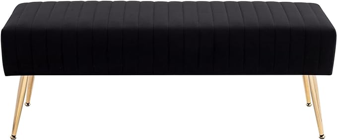 Furniliving 44 Inch Bedroom Bench, Upholstered Tufted Striped Fabric Ottoman Benches with X-Shaped Metal Legs for Living Room, Entryway Solid Wood Indoor Bench for Foyer (Black)
