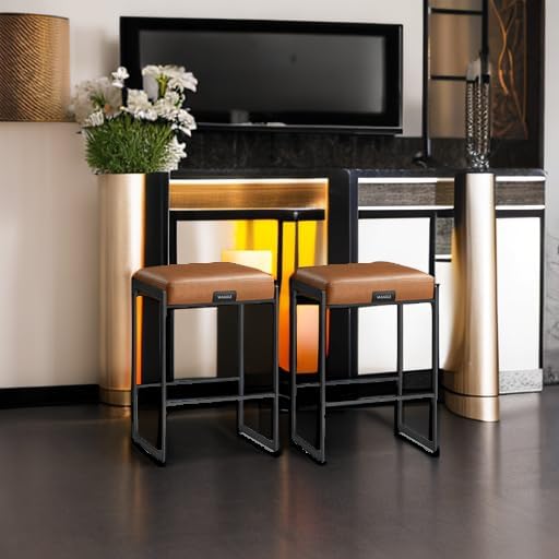 VASAGLE EKHO Collection - Bar Stools Set of 2, Counter Height Bar Stools, Synthetic Leather with Stitching, Mid-Century Modern Counter Stools, 26-Inch Tall, Kichen Home Bar Dining Room, Caramel Brown