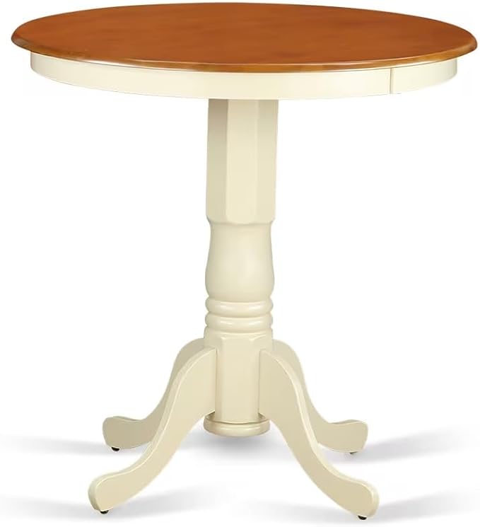 East West Furniture EDVN5-WHI-C 5 Piece Counter Height Dining Table Set Includes a Round Kitchen Table with Pedestal and 4 Linen Fabric Upholstered Dining Chairs, 30x30 Inch, Buttermilk & Cherry