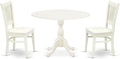 East West Furniture DMVA3-LWH-W 3 Piece Kitchen Table & Chairs Set Contains a Round Dining Room Table with Dropleaf and 2 Dining Chairs, 42x42 Inch, Linen White