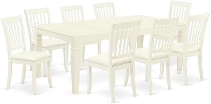 East West Furniture LGDA9-LWH-C 9 Piece Dining Table Set Includes a Rectangle Dinner Table with Butterfly Leaf and 8 Linen Fabric Dining Room Chairs, 42x84 Inch, Linen White