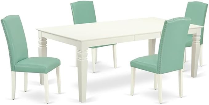 East West Furniture LGEN5-LWH-57 5 Piece Dining Room Table Set Includes a Rectangle Kitchen Table with Butterfly Leaf and 4 Pond Faux Leather Parson Dining Chairs, 42x84 Inch, Linen White