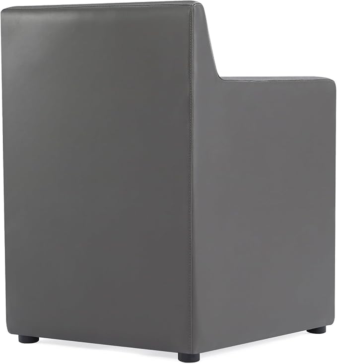 Manhattan Comfort Anna Square Modern Dining Chair with Arms, Head-to-Toe Faux Leather Upholstered Accent Armchair with Plastic Foot Padding, Set of 1, Pewter
