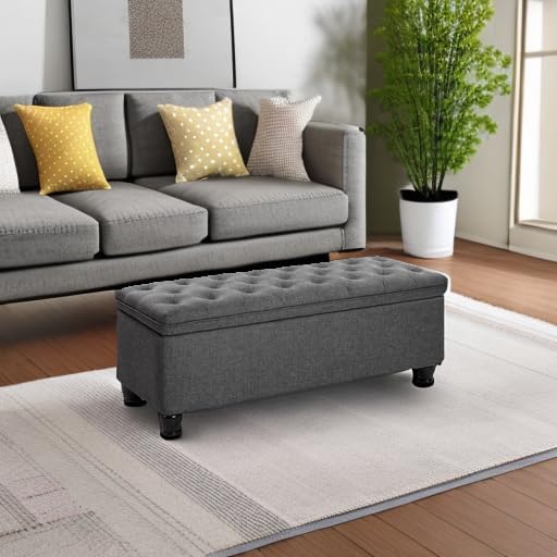 SONGMICS Storage Ottoman, Storage Bench, Tufted Entryway Bedroom Bench, 17.7 x 46.5 x 17.7 Inches, Hinges Easy Lid Operation, Wooden Legs, Linen-Look Cover, Loads 330 lb, Dark Gray ULOM070G01