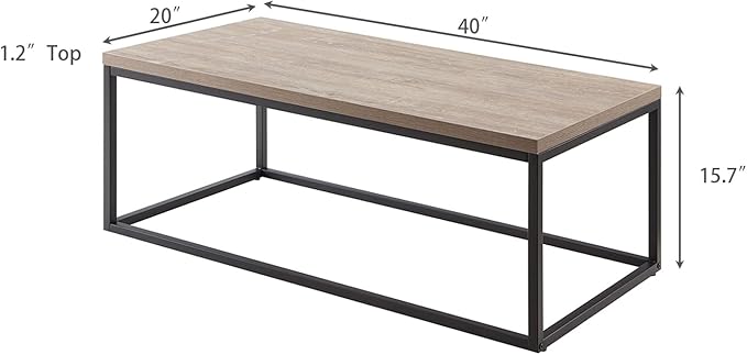 CENSI 40-in Grey Wash Accent Coffee Table Ottoman for Living Room, Rectangle, Mid-Century Modern Industrial Style, Extra Thick Top, Wood and Metal (French Oak)