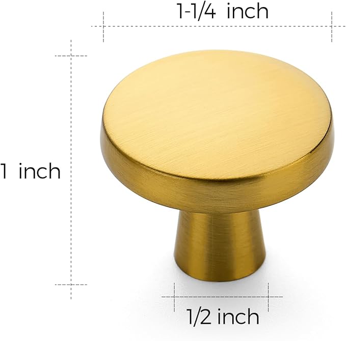 Ravinte 15 Pack Drawer Pulls 1-1/4 Inch Brushed Brass Kitchen Cabinet Knobs Solid Round Gold Dresser Handles for Simple Cupboard Hardware
