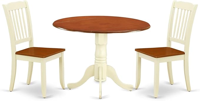 East West Furniture DLDA3-BMK-W 3 Piece Dining Room Furniture Set Contains a Round Dining Table with Dropleaf and 2 Wood Seat Chairs, 42x42 Inch, Buttermilk & Cherry