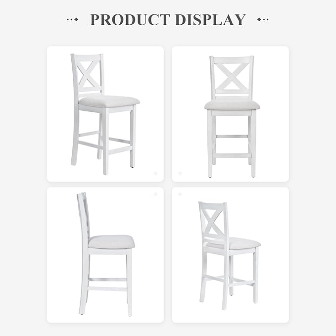 Upholstered Counter Height Bar Stools Set of 2, Modern Kitchen Island Barstools Chairs with Cross Back and Wood Legs for Dining Room Bar, Grey White Wash