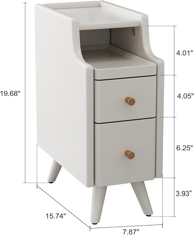 Small Nightstand with Drawers, Solid Wood Bedside Table, Narrow White Nightstand for Bedroom