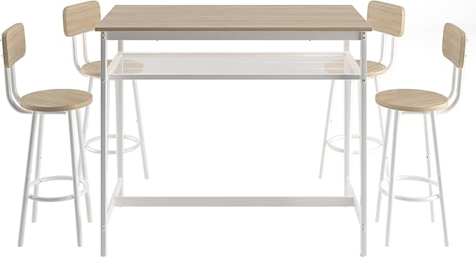 5-Piece Bar Table and Chairs Set, 43.3'' Pub Table Set Modern Small Table and Chairs Set of 4 for Breakfast Nook Living Room Small Space Restaurant, White Oak