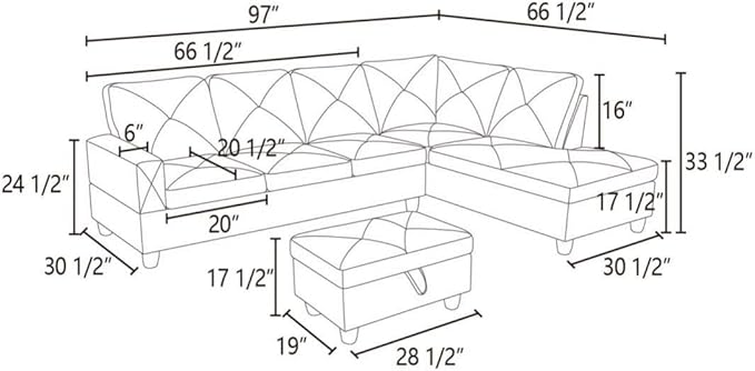 Grey L-Shaped 3-Piece Linen Sofa with Storage Ottoman Set, Sectional Couch Sofa Set for Living Room, Office, Small Space