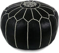 Stuffed Round Design Moroccan Leather Pouf Ottoman, Handmade, Pre-Filled, 100% Genuine Leather, 13” Height x 20” Diameter, Footstool & Living Room Décor (Black with White Stitches)