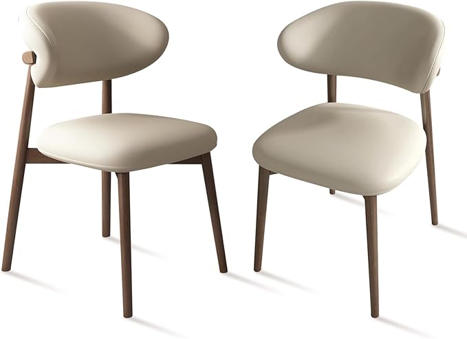 Upholstered Dining Chairs Set of 2,Mid Century Modern Kitchen Chairs with Back and Wood Frame,Faux Leather Dinner Chairs (White + Light Walnut Legs, Set of 2)