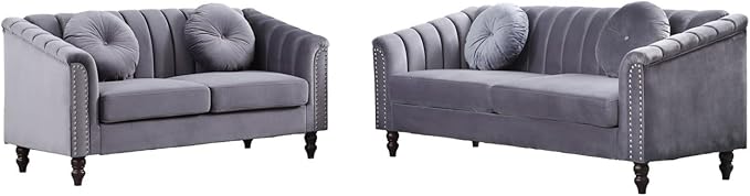 Sectional Sofa Set, Microfiber Chesterfield Upholstered Sofas Loveseat Couch Chair Sets with Style Button Tufted, Scroll Arms and Nailhead for Living Room, Office, Apartment, Grey,S