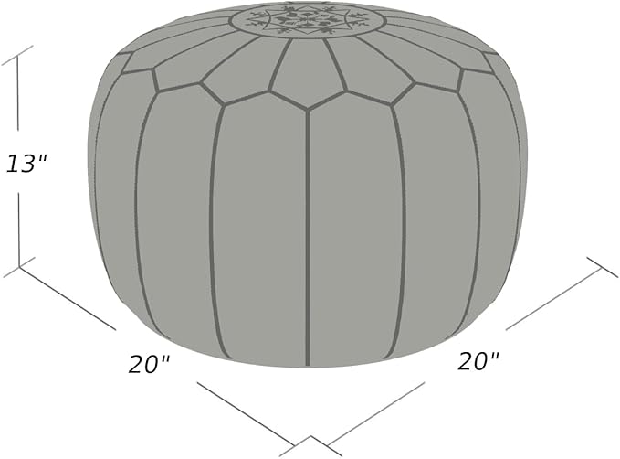 Stuffed Round Design Moroccan Leather Pouf Ottoman, Handmade, Pre-Filled, 100% Genuine Leather, 13” Height x 20” Diameter, Footstool & Living Room Décor (White)