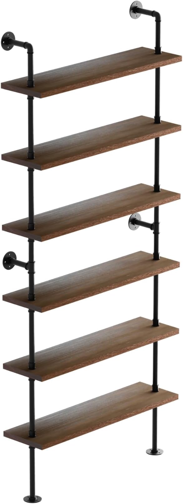 Pipe Industrial Shelves, Wall Mounted Wood Metal Ladder Rustic Bookshelf (Walnut Color, 6 Tier - 10" D x 30" W x 82.5" H)