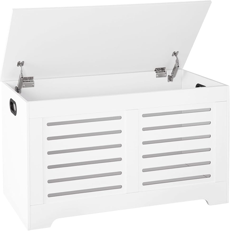 DINZI LVJ Storage Chest, Flip-top Wooden Toy Box Organizer with 2 Safety Hinges, Entryway Shoe Bench, Good Ventilation, Storage Bench for Living Room, Bedroom, Easy Assembly, White