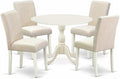 East West Furniture DMAB5-LWH-02 5 Piece Dining Table Set for 4 Includes a Round Kitchen Table with Dropleaf and 4 Light Beige Linen Fabric Parson Dining Chairs, 42x42 Inch, Linen White