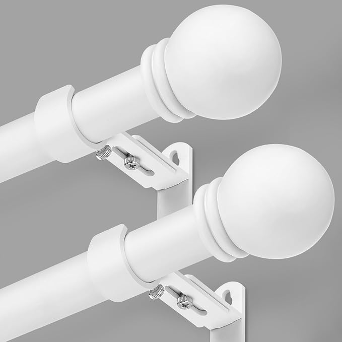 Curtain Rods for Windows 16 to 150 Inches, Curtain Rod Max Adjustable Length of 160 IN, 6/8" Diameter Drapery Rods Round Finials, White, Pack of 2
