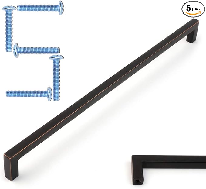 KOOFIZO Solid Square Bar Cabinet Handle - Oil Rubbed Bronze Furniture Pull, 12.6 Inch/320mm Screwhole Distance, Pack of 5 for Kitchen Cupboard Door, Bedroom Dresser Drawer, Bathroom Wardrobe Hardware