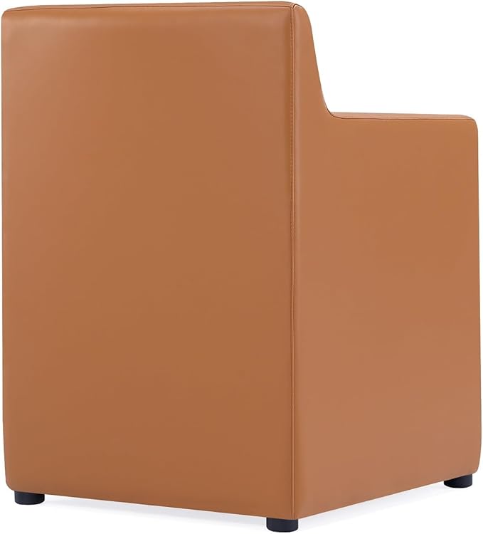 Manhattan Comfort Anna Square Modern Dining Chair with Arms, Head-to-Toe Faux Leather Upholstered Accent Armchair with Plastic Foot Padding, Set of 2, Saddle