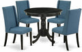 East West Furniture ANFL5-ABK-21 5 Piece Dinette Set for 4 Includes a Round Kitchen Table with Pedestal and 4 Blue Linen Fabric Parsons Dining Chairs, 36x36 Inch, Wirebrushed Black