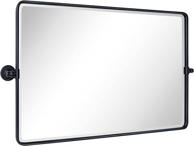 TEHOME 24x38 Horizontal Pivot Bathroom Mirror Tilting Black Metal Framed Pivot Rectangle Bathroom Mirror Rounded Rectangluar Tilting Beveled Vanity Mirrors for Wall