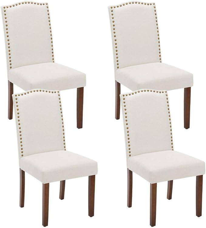 Kitchen Chairs Set of 4 Modern Upholstered Fabric Seat with Nailhead Trim and Ergonomic Lumbar Support for Living Room and Rustic Farmhouse Dining Area, Beige