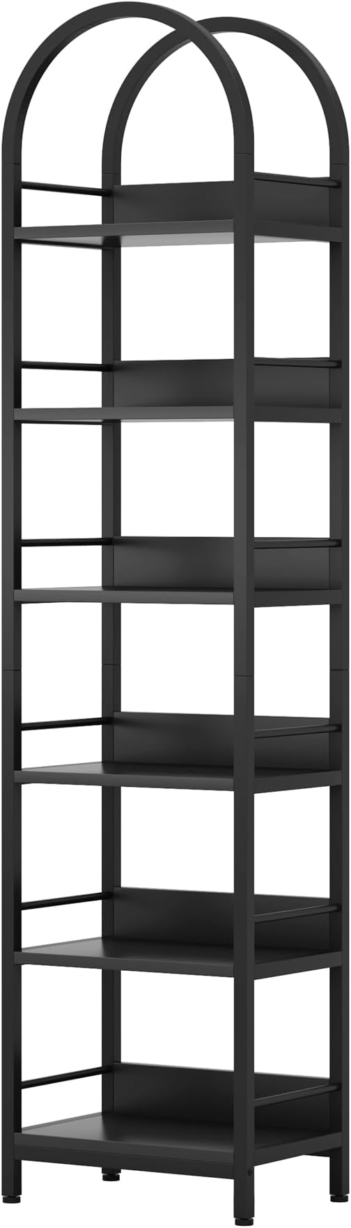 LITTLE TREE 6-Tier Open Bookshelf, 78.7" Tall Arched Bookcase, Black Wooden Bookshelf with Metal Frame, Freestanding Narrow Bookcase Display Shelves for Living Room, Bedroom, Office
