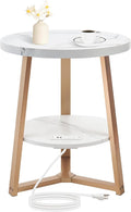 Round End Table with Charging Station, 19.7" Dia x 23.63" H, Side Table with Storage Shelf, for Living Room, Bedroom, Faux Marble Top, Gold & White