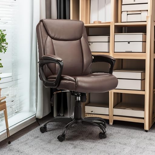 Amazon Basics Classic Puresoft PU Padded Mid-Back Height Adjustable Office Computer Desk Chair with Armrest, 25.75"D x 24.25"W x 42.25"H, Brown
