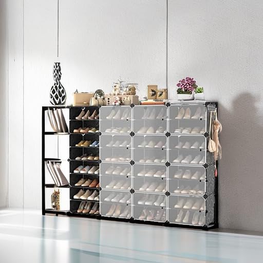 Portable Shoe Rack with Door, 64 Pairs Cabinet Easy Assembly, Plastic Adjustable Shoe Storage Organizer Stackable Detachable Free Standing DIY Expandable 8 Tier Black