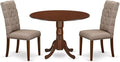 East West Furniture DLEL3-MAH-16 3 Piece Kitchen Table Set Contains a Round Dining Room Table with Dropleaf and 2 Dark Khaki Linen Fabric Upholstered Chairs, 42x42 Inch, Mahogany