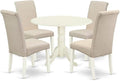 East West Furniture DLBA5-WHI-01 5 Piece Dining Table Set for 4 Includes a Round Kitchen Table with Dropleaf and 4 Cream Linen Fabric Parson Dining Chairs, 42x42 Inch, Linen White