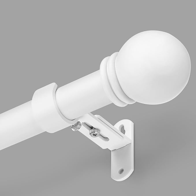 Curtain Rods for Windows 16 to 48 Inches, Curtain Rod Max Adjustable Length of 60 IN, 6/8" Diameter Drapery Rods Round Finials, White, Pack of 1