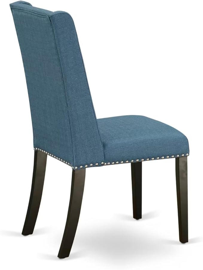 NKFL9-SBB-21-9-Piece Kitchen Table Set Consists of a Wooden Table and 8 Mineral Blue Linen Fabric Parson Chairs with Padded Chair Back - Sand Blasting Black Finish.
