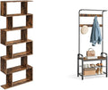 VASAGLE 6-Tier Bookshelf, Tall Display Shelf, Freestanding Storage Shelf, Rustic Brown ULBC61BX Coat Rack, Hall Tree with Shoe Bench for Entryway, Rustic Brown and Black UHSR40B