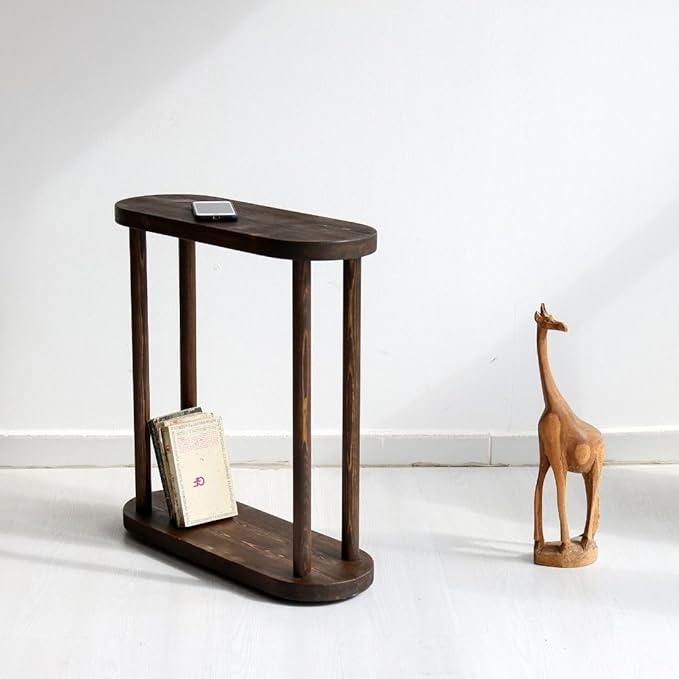 Oval Solid Wood Narrow Side Table, Slim End Table, Small Coffee Table (Dark Walnut, Medium)