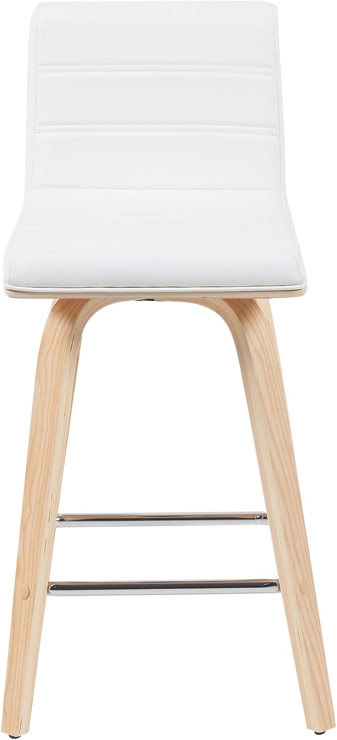 Armen Living Vienna Modern Swivel 26" Counter Height Barstool with White Faux Leather and Patterned Oak Wood Finish